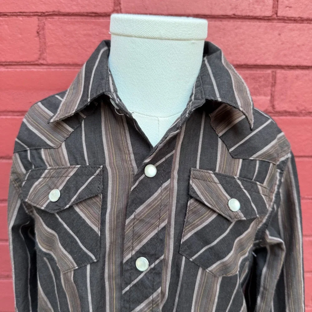 Wrangler Western Shirt Kids Striped Brown Cowboy Long Sleeve Cotton Blend - Picture 2 of 5